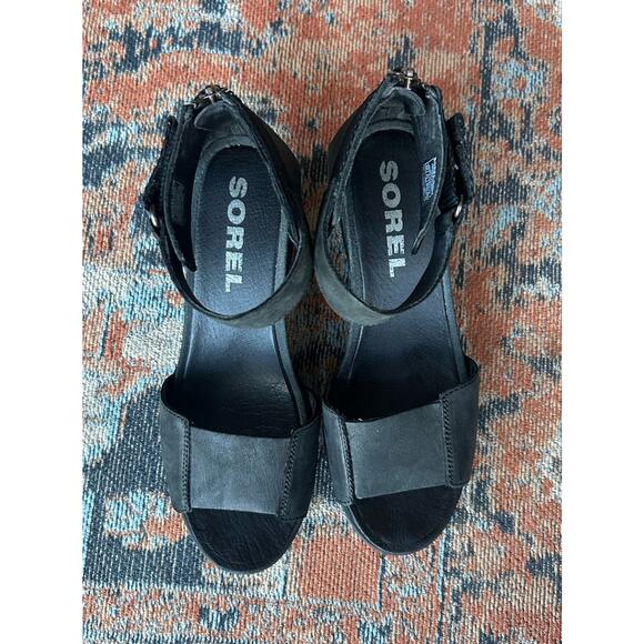 SOREL Women's Joanie II Ankle Strap Black Leather Wedge Sandals Size 8 - Picture 4 of 11